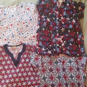 4 red, white and blue scrub tops